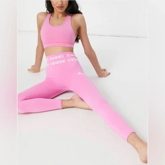 adidas Training aeroknit logo 7/8 leggings and bra in bright pink - Picture 4 of 9